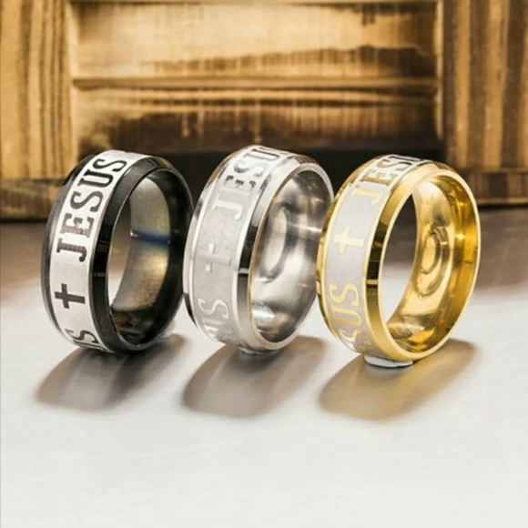 Gold Stainless Steel JESUS Insignia Emblem Embossed Engraved 8mm 8mm Band Ring - Picture 13 of 16